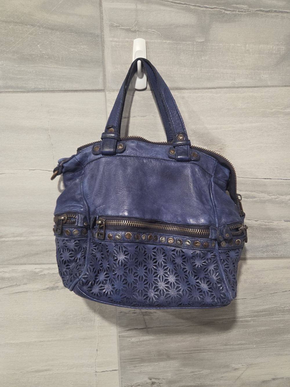 Bruno Rossi Firenze Blue Leather Studded Cutout Shoulder Bag Handbag